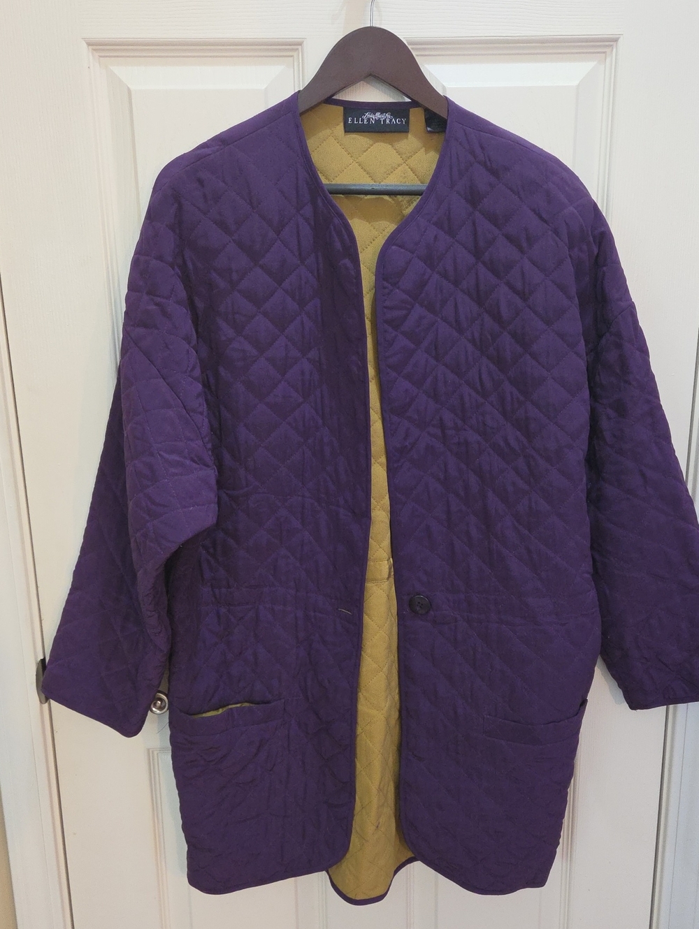 Ellen Tracy Vintage Purple Mustard Quilted Silk Coat Sz P